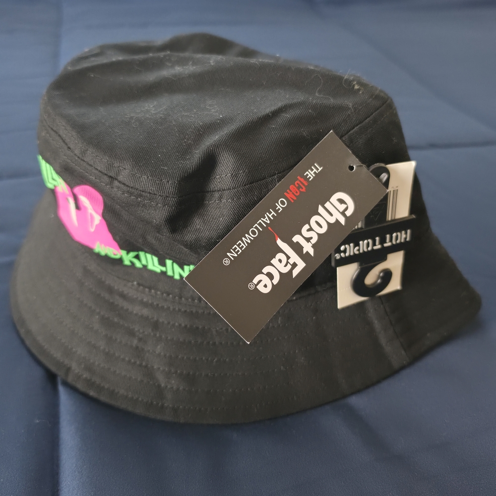 Hot Topic Black Bucket Hat with Neon Pink & Green Ghostface Graphic